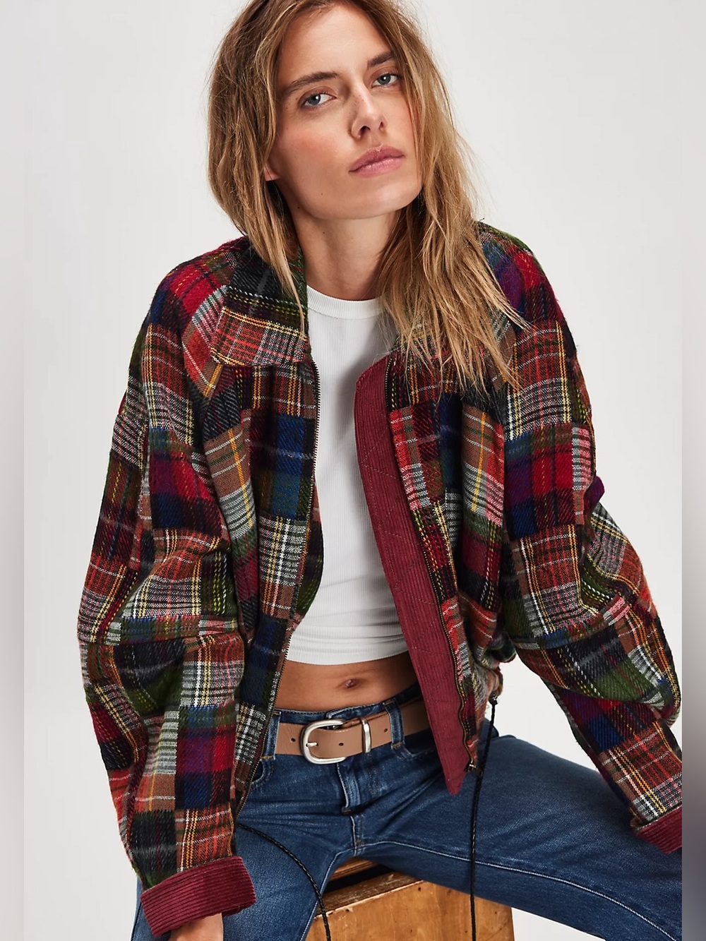 Free People Orion Country Jacket Plaid Patchwork Red Multi Bomber Size Small
